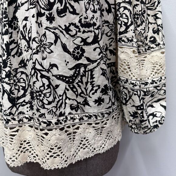 Christian Siriano Boho Peasant Top Size XL Linen Blend Black Floral Crochet Lace - Picture 3 of 12